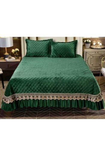 Mercaton Set 3 Piese de Lux, Cuvertura de Pat din Catifea cu Broderie, Matlasata, 230x250 cm si 2 Fete de Per