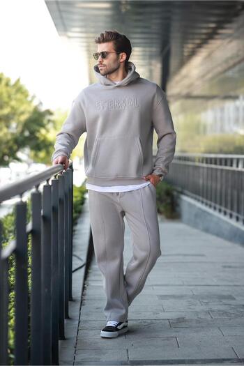 Madmext Painted Gray Hooded Men's Tracksuit Set E7324