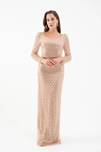 Lafaba Women's Beige Square Neck Long Sleeve Beaded Long Evening Dress