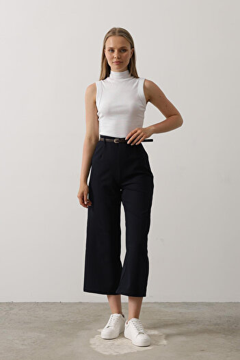 VAGGON Women's Dark Blue Belted Pants with Clip Detail and Zipper Vs00533