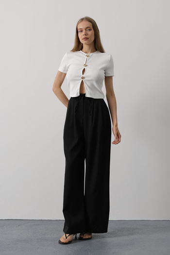 VAGGON Women's Black Double Pocket Pleated Lace up Oversize Trousers Vs00534