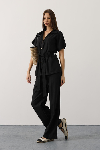 VAGGON Women's Black Belted Pocket Detailed Trouser Suit Vs00593