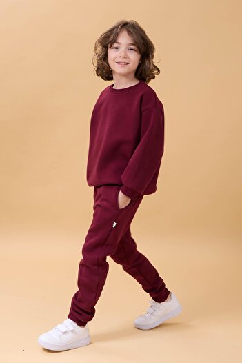 Perendi Boy's Crew Neck Hooded Winter 2-Piece Tracksuit Set - Claret Red