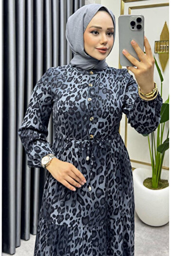 sefamerve Beli Tünelli Leopar Elbise 7130-01 Gri