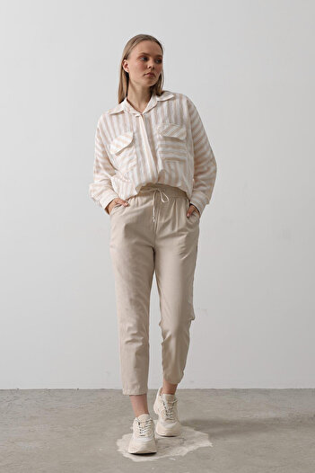 VAGGON Women's Stone Double Pocket Elastic Waist Trousers with Tie Detail Vs00530