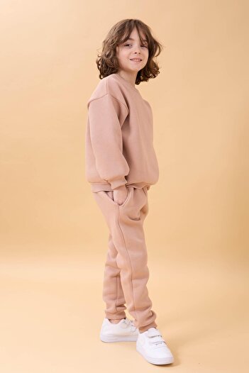 Perendi Boy's Crew Neck Hooded Winter 2-Piece Tracksuit Set - Soil