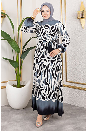 sefamerve Patterned Dress with Elastic Waist 7127-03 Black