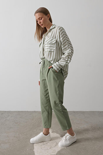 VAGGON Women's Khaki Double Pocket Elastic Waist Tie Detail Pants Vs00530