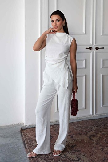 STANVİA Regular Fit Cotton Wrinkle Fabric Women's Ecru Blouse Trousers Set
