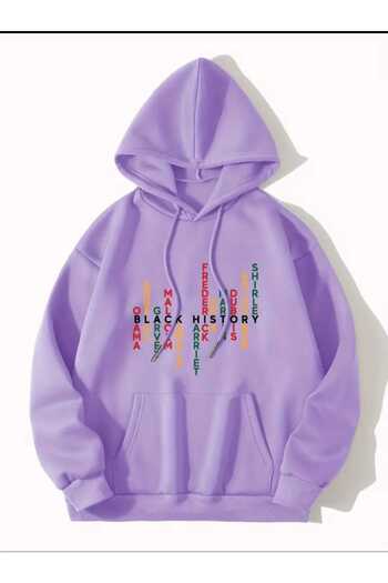 caddekombin Black History Printed Hooded Pocket Lined Wool Inside Lilac Sweatshirt