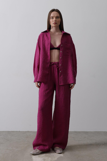 VAGGON Women's Purple Pocketed Shirt and Bustier Elastic Waist Trousers Jacquard 3-Piece Set Vs00497