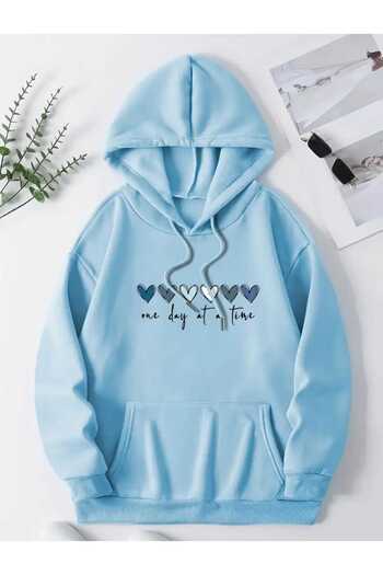 caddekombin One Day at Time Printed Hooded Pocket Cotton Blue Sweatshirt
