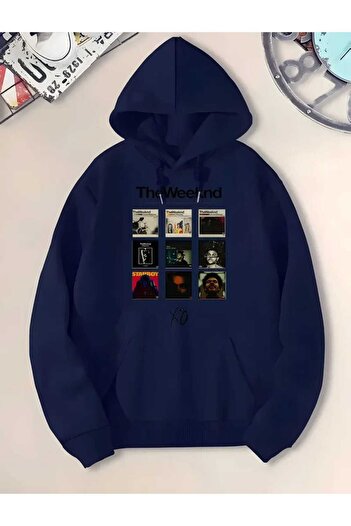 caddekombin The Weekend Albums Φούτερ με κουκούλα με στάμπα, με μάλλινη επένδυση εσωτερικά, σε μπλε ναυτικό χρώμα