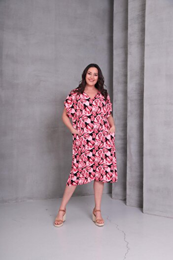 Ebsumu Women's Plus Size Flared Woven Pink Dress