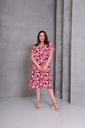 Ebsumu Women's Plus Size Flared Woven Pink Dress