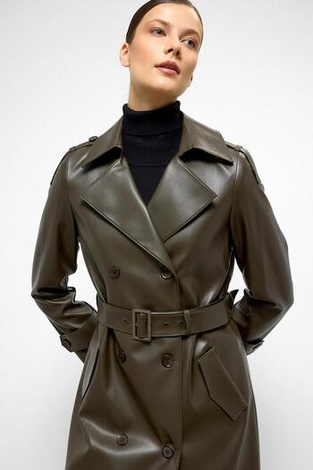 Olcay Epaulet Detailed Double Breasted Leather Trench Coat Khaki 6756