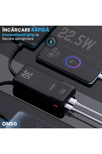 DUDAO Power Bank 30000mAh 22.5W Fast Charging, Built-in USB-C Lightning Cables, 5 Outputs, Black