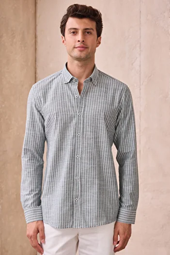 Pietra Paul Men's Striped Cotton Linen Modern Slim Fit Shirt