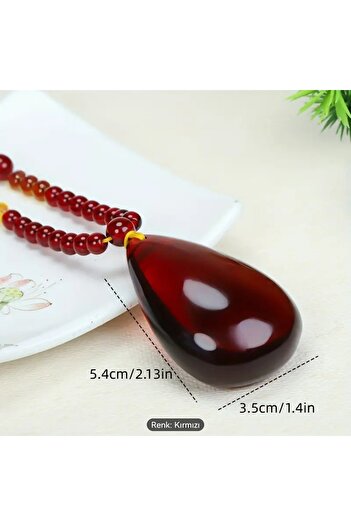 ORGANICYOU Zhenping 1Pcs Original Red Amber Teardrop Necklace - Exquisite Resin Inlaid
