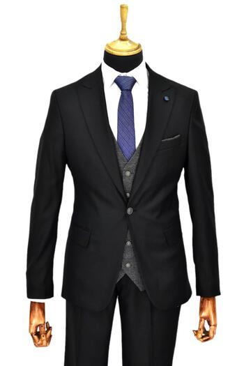 Suitmen Men's Black Double Slit Dobby Vest Combination 6 Drop Bgl-St04478