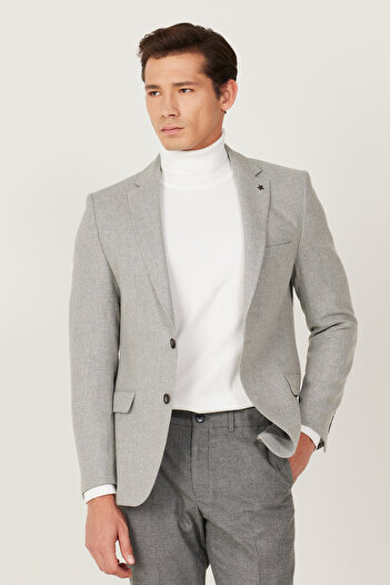 AC&Co / Altınyıldız Classics Erkek Gri Slim Fit Dar Kesim Mono Yaka Desenli Yünlü Blazer Ceket