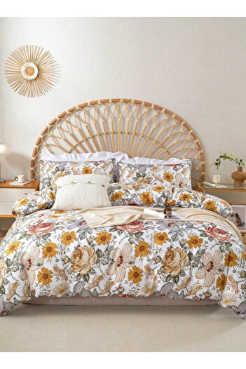 LUNA HOME Queen size 6 pieces duvet cover set, brown floral pattern, boho style 200x230cm.