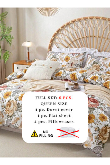 LUNA HOME Queen size 6 pieces duvet cover set, brown floral pattern, boho style 200x230cm.