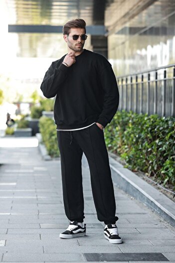 Madmext Μαύρο Crew Neck Basic Ανδρικό Σετ Φόρμας E7323