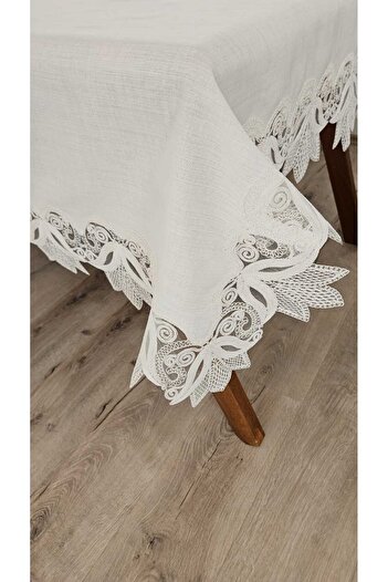 ZESA HOME Luxury Gardenia Linen 8 Seater 18 Piece Heavy Lace Stain Resistant Tablecloths -160X200...160X300