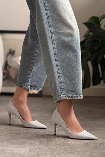 NİŞANTAŞI SHOES Melody Stone Grey Suede 8 cm με μυτερό γυναικείο στιλέτο με λεπτό τακούνι