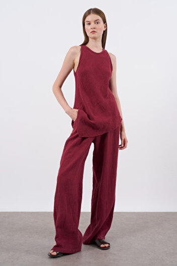 Trendyol Collection Burgundy Linen Sleeveless Blouse and Pants Woven Bottom - Top Set Twoss25Au00121
