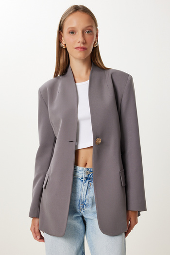 Happiness İstanbul Women's Gray Padded Stylish Buttoned Woven Jacket Kt00018