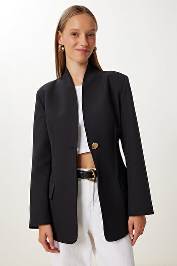 Happiness İstanbul Women's Black Padded Stylish Buttoned Woven Jacket Kt00018