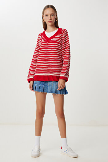 Happiness İstanbul Women's Red Bone Striped Oversize Knitwear Sweater Nv00077