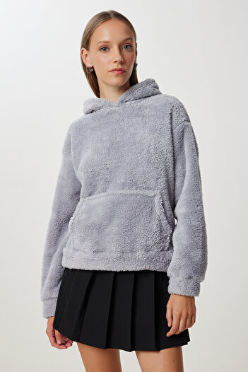 Happiness İstanbul Women's Gray Hooded Pocket Fleece Sweatshirt Zv00344