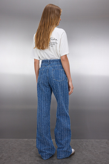 Trendyol Collection Μπλε υφή ψηλόμεσο φαρδύ τζιν TWOSS25JE00043