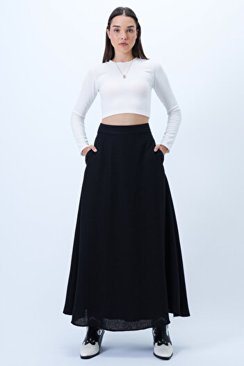 Trend Alaçatı Stili Women's Black Lined Double Pocket Hidden Zipper Woven Flared Skirt Alc-X14327