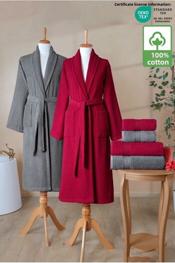 Ellaline 6 Piece Striped Bathrobe Set 100% Cotton Certified Family Towel Bathrobe Set Dowry Set Gray - Claret Red