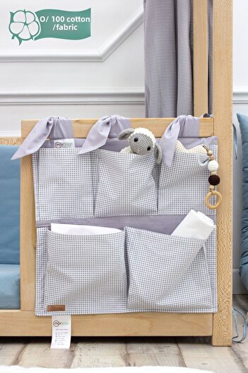 mordesign Gray Plaid Patterned Newborn Crib Side Organizer - Baby Room Series with 5 Pockets
