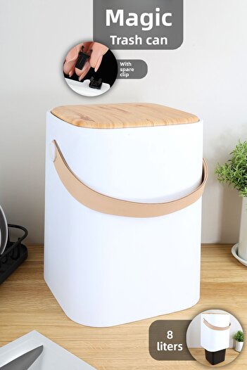 Meleni Home 8Lt Wood Look Trash Can - Countertop Kitchen Waste Bin with Smart Lid Holding Handle Bucket White