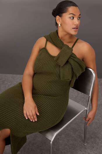 Trendyol Curve Khaki Knitwear Midi Dress and Bolero Set - Ribbed and Slit Tbbaw25Ah00070