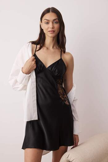Trendyol Collection Black Lace Detailed Strap Satin Woven Nightgown Thmaw26Gc00005