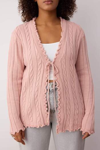 Trendyol Curve Rosa Haarstrick gemusterte Schnürstrickjacke TBBAW24AV00003