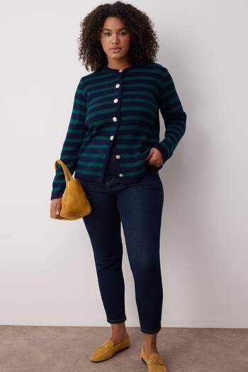 Trendyol Curve Navy-Green Striped Jacket Look Knitwear Cardigan Tbbaw24Av00011
