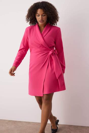Trendyol Curve Fuchsia Straight Double Breasted Closure Stylish Mini Woven Plus Size Dress Tbbaw24Ah00058