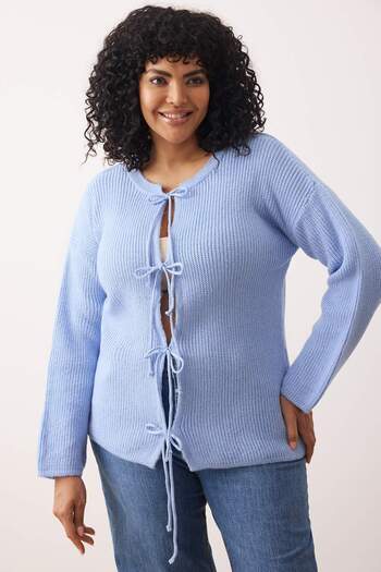 Trendyol Curve Cardigan tricotaj cu detaliu fundita/panglică albastră TBBAW26AV00003