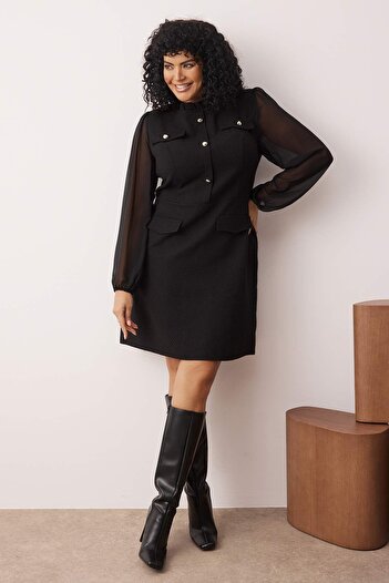 Trendyol Curve Black Chiffon Detail A-Line/Waist Cutout Woven Dress Tbbaw26Ah00036