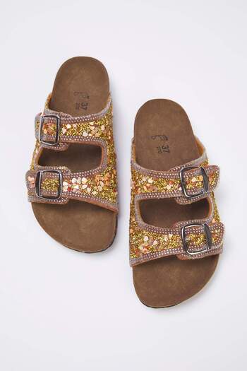 TRENDYOL SHOES Γυναικείες παντόφλες με χρυσές χάντρες διπλές ρίγες TAKSS25TE00039