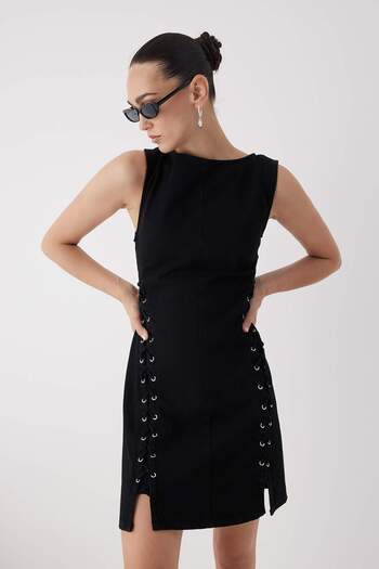 Trendyol Collection Black Eyelet Binding Detail Sleeveless Mini Denim Dress Twoaw26El00107