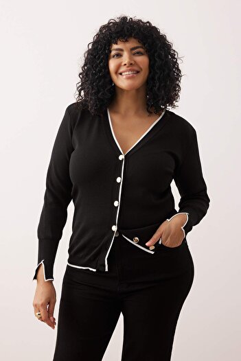 Trendyol Curve Black Gold Button Detailed Striped Knitwear Cardigan TBBAW24AV00014